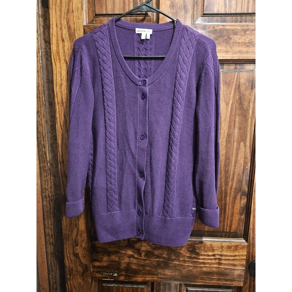 Lacoste 44 Women Cable Knit 100% Cotton Button Up Chunky Cardigan Sweater Purple